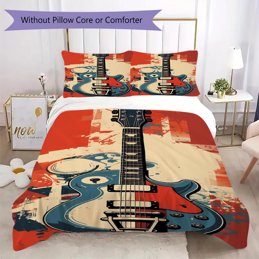 1PC Electric guitar Theme Bedding Quilt Set Quilt Cover Pillowcase Home Decoration Birthday Gift (1 * duvet cover + 2 * pillowcase, without core)A1