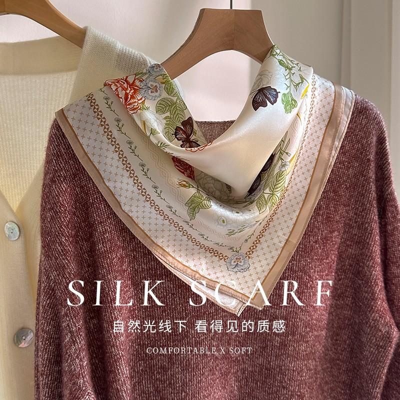 100% Pure Silk Square Scarf Women Lightweight Elegant Neck Fashion Accessory 53x53cm Printed Satin Weave