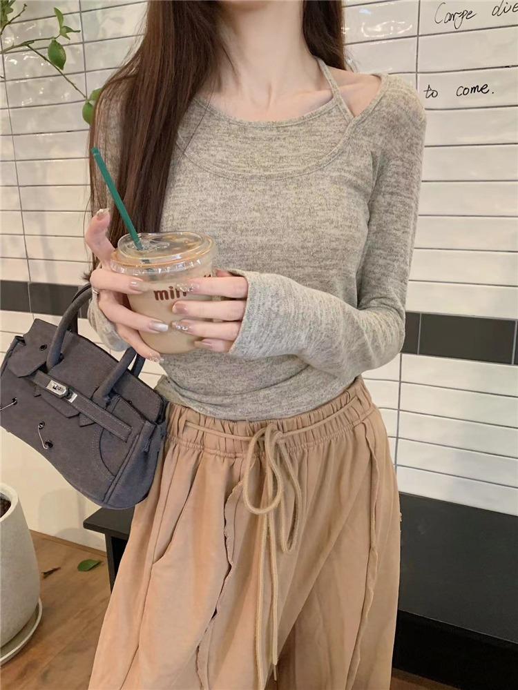 Sweet Hanging Neck Fake Two Pieces Tops Women Korean Chic Bottoming Slim T-Shirt Harajuku Fashion Casual Clothes Autumn 2024 New