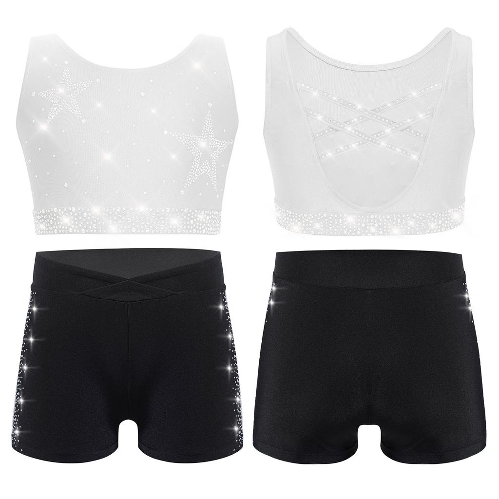 Dívčí gymnasticko-taneční set: Crop top tílko s kamínky, křížením na zádech a véčkem vpředu, s šortkami s elastickým pasem