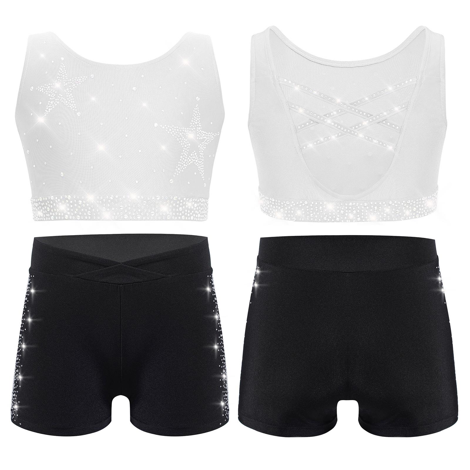 

Kids Competition Outfit: Crisscross Back Rhinestone Crop Top & V-Front Elastic Shorts for Gymnastics Dance 7-8 Years чорний/білий