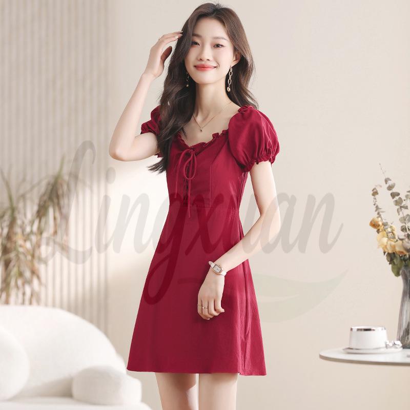 Women s Red Puff Sleeve Square Neck A-Line Dress - French Design, Slim Fit, Waist-Cinching, Summer Style S