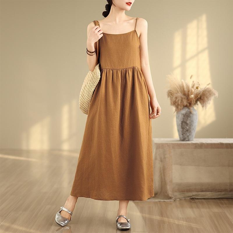 

2025 летняя новая однотонная юбка большого размера из хлопка и льна с подтяжками женская повседневная простая многоцветная регулируемая длинная юбка с карманами для подтяжек 2XL