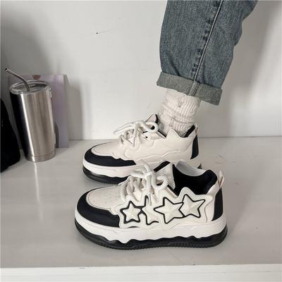 Wiosna Nowe okrągłe Toe Skórzane Powierzchnia Wzór Gwiazdy Trampki Kolor Dopasowany Sznurowane Modne Cienkie Buty Damskie Odzież Wierzchnia Casual Sneaker