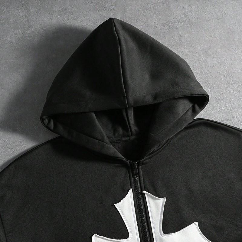 Unisex Streetwear Oversized Hooded Zip-Up Sweatshirt With Cross Embroidery Patch