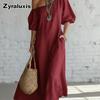 Abito Maxi alla Moda Stile Vacanza Monospalla in Lino con Maniche a Bolla Vestibilità Larga Snellente per Donna