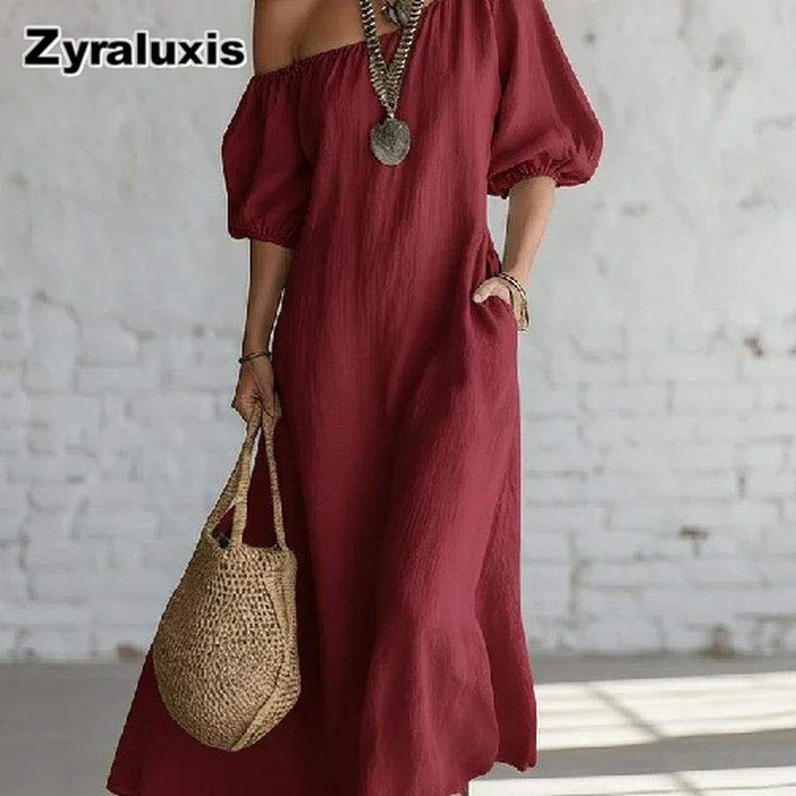 Abito Maxi alla Moda Stile Vacanza Monospalla in Lino con Maniche a Bolla Vestibilità Larga Snellente per Donna