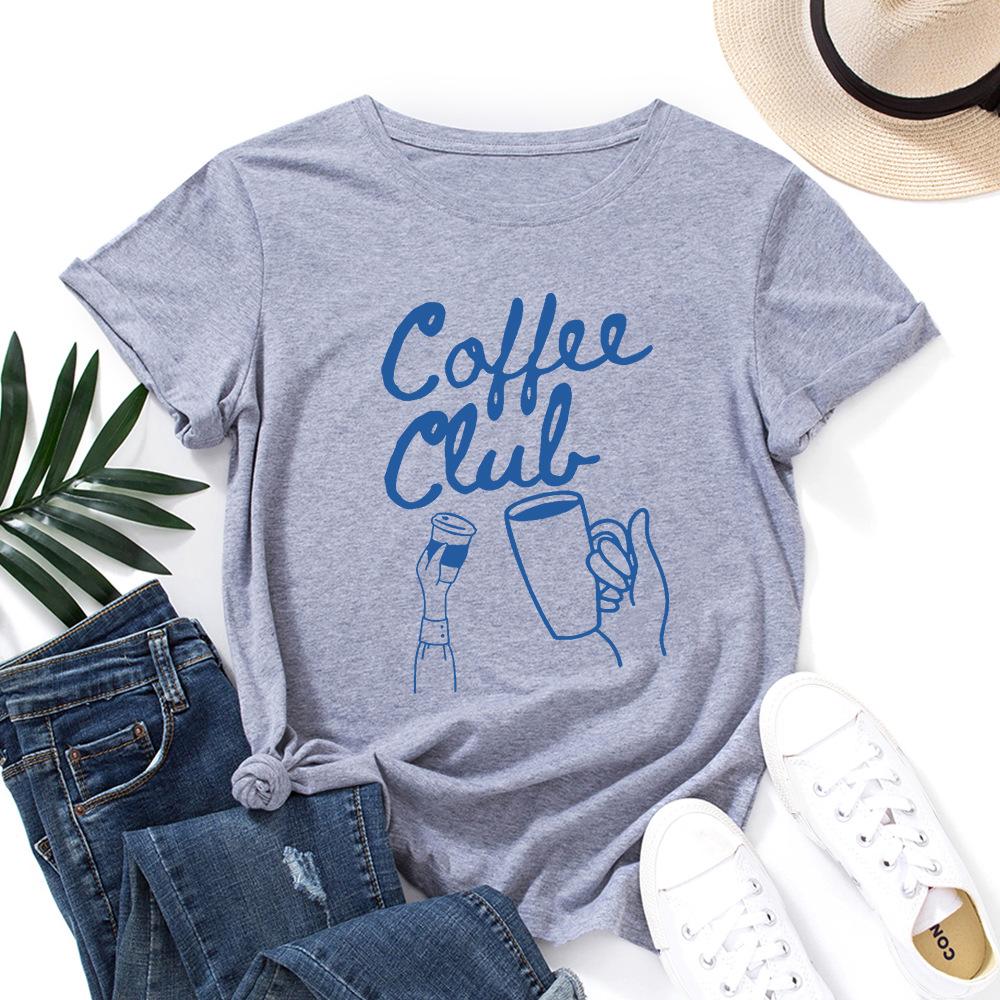Coffee Alphabet Cotton T-Shirt Short Sleeve Round Neck Women 2d Print Tops