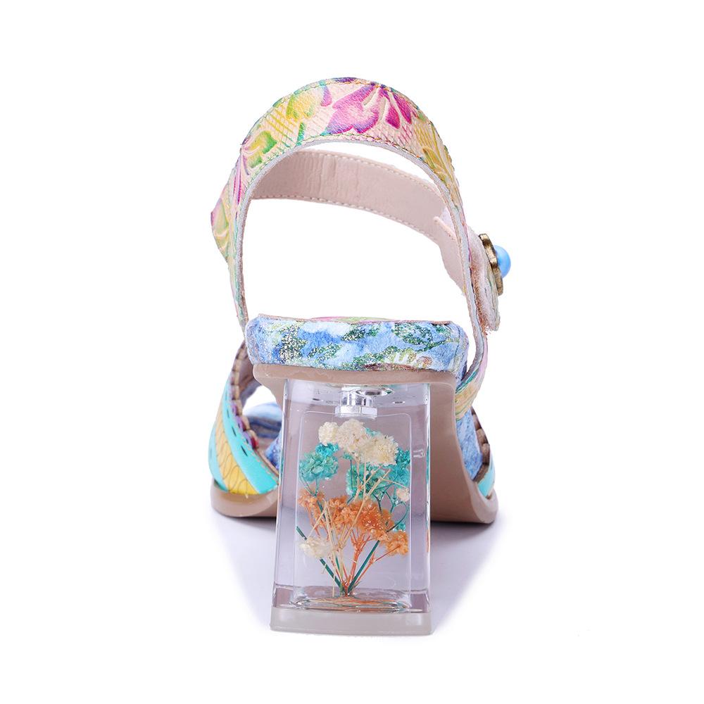 Johnature Sandali Stampati Colorati con Tacco Alto in Vera Pelle Stile Barocco Retrò Raffinati Floreali Scarpe da Donna
