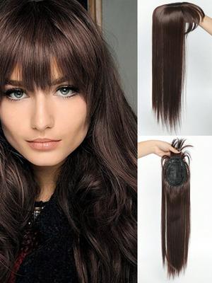 Pezzo di capelli sintetico lungo e dritto con frangia, testa sopra la testa, sostituzione naturale, resistente al calore, per donne, pezzo di capelli finto