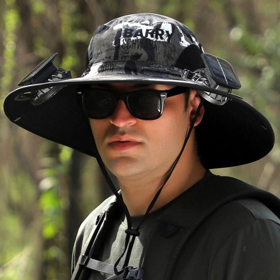 1 Set Outdoor Sun Hat with 2 Fan Large Brim Windproof Strap Solar or USB Charging Anti-UV Sun Protection Great Breathability Outdoor Fishing Camping