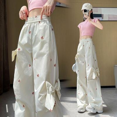 Bear Print Three - Dimensional Bow Decoration Loose Quick - Dry Wide Leg Utility Pants for Women Summer