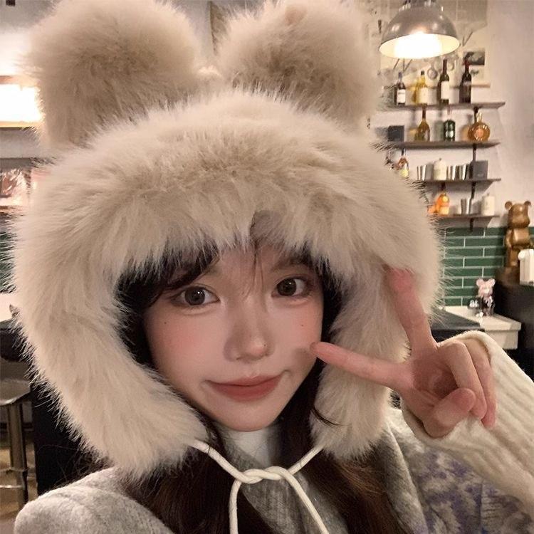 Warm Bear Ears Cute Plush Hat Female Autumn and Winter Face Little Student Hat Cycling Ear Protector Lei Feng Hat