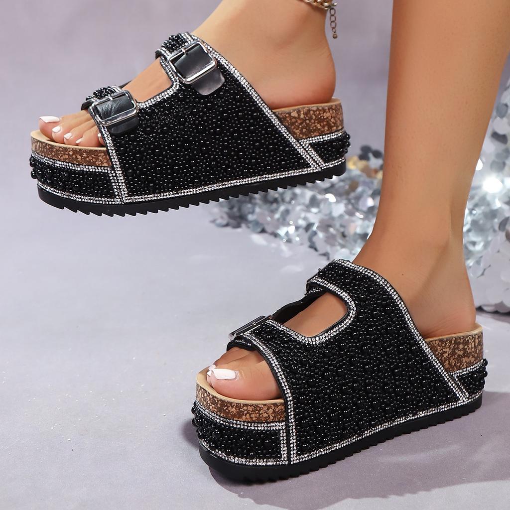 Women's 2026 Summer New Thick Bottom Belt Buckle European and American Pearl Water Diamond Cold Slippers