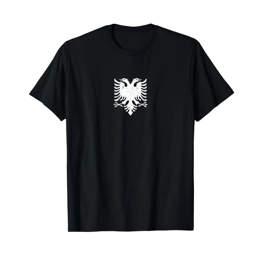 Koszulka z flagą Albanii Albański dwugłowy orzeł czarna vintage spranie streetwear rozciągliwy top do noszenia na co dzień miękki unisex