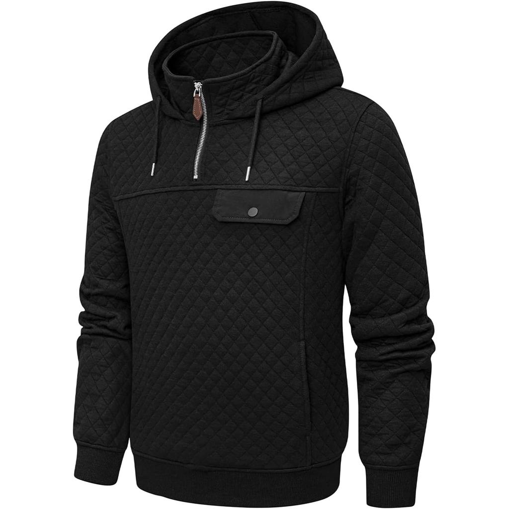 Men's Solid Color Plaid Hooded Sweatshirt Men's Casual Pocket Half Zipper Hooded Sweatshirt