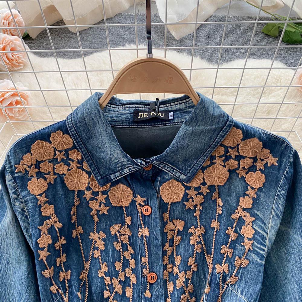 Hong Kong Style Retro Embroidered Denim Dress for Women