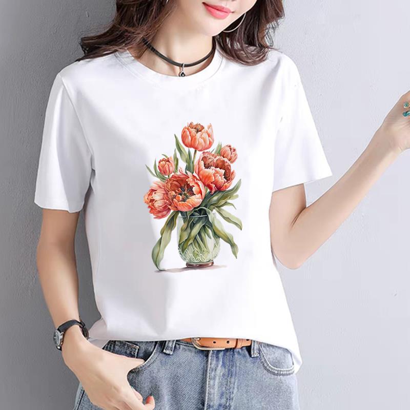 ATrendy Fashionable New Women's Commuter Instagram Summer Printed Base Layer T-shirt Short-sleeved Round Neck  polyester fabric