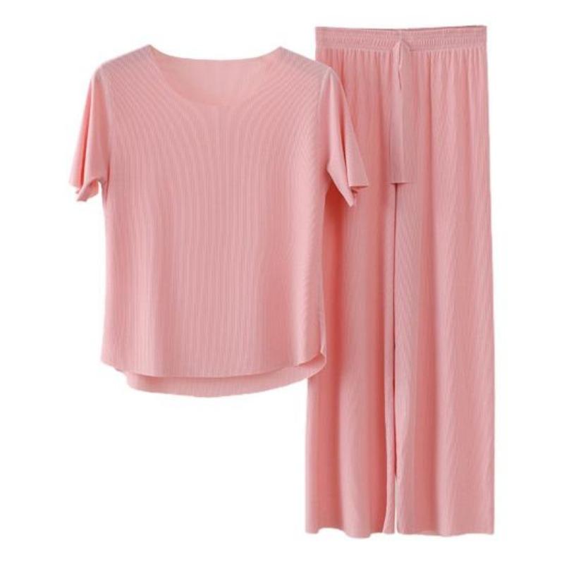 2 Teile/satz Frauen Pyjamas Nahtlose Eis Seide Rundhals Kurzarm Einfarbig Elastische Taille Breite Bein Lose Weiche Atmungsaktive Homewear top Hosen Set