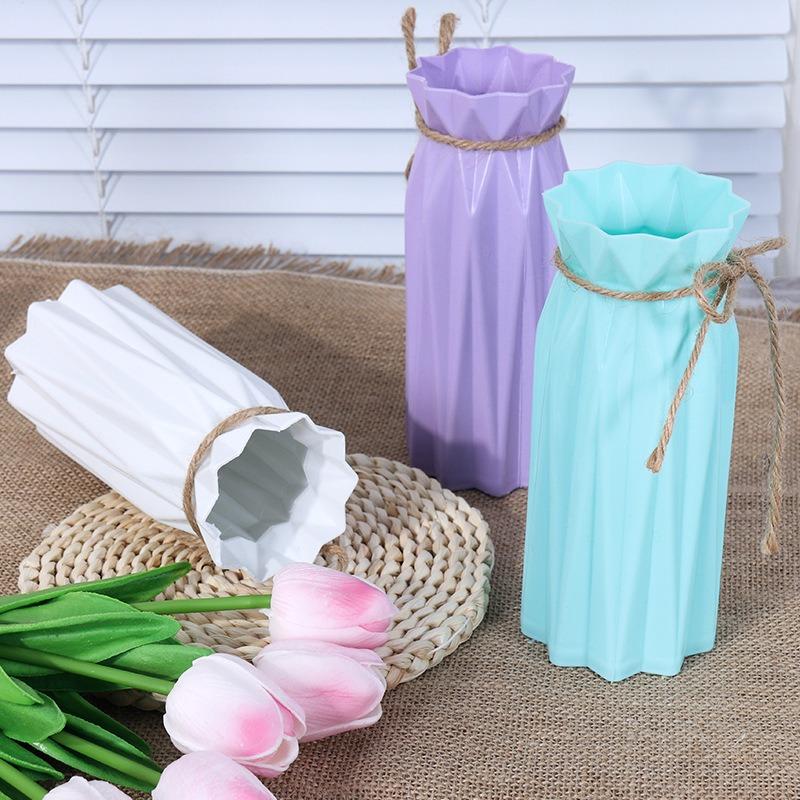 Simple Plastic Imitation Ceramic Vase Home Decoration Vase Decoration Crafts Hemp Rope Tied Solid Color Flower Arrangement Vase