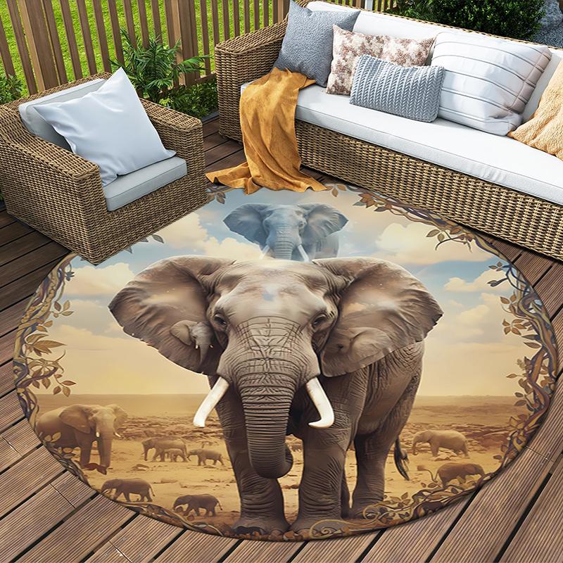 Elephant Lion Round Area Rug,Carpet Rug for Living Room Bedroom Sofa Playroom Decor,Non-slip Floor Mat