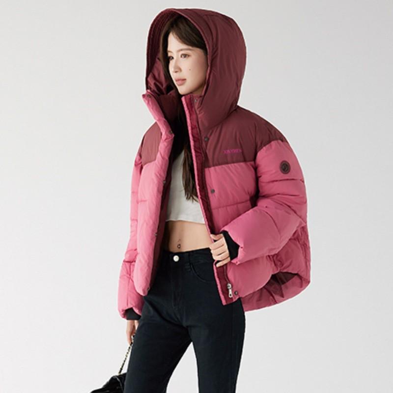 2026 Winter Short Hooded Color Block Padded Cotton Jacket Women Loose Fit Sporty Warm Couple Coat