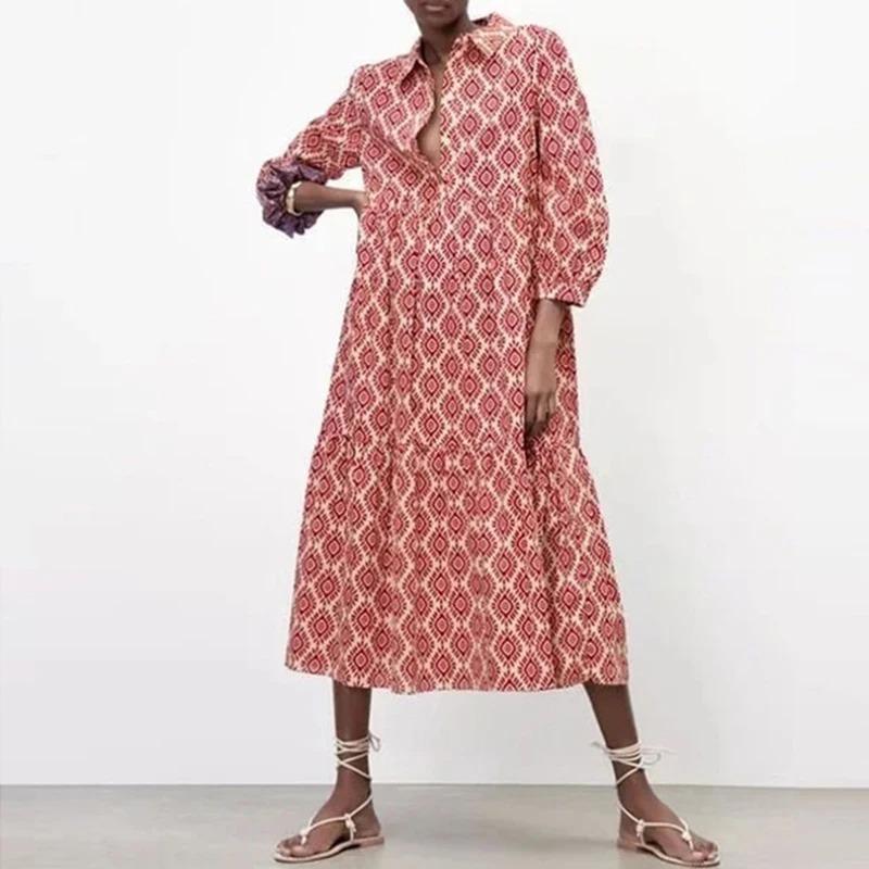 Geometrie Druck Midi Übergröße Lose Frauen Kleider Langarm Sommer Strand Dame Robe