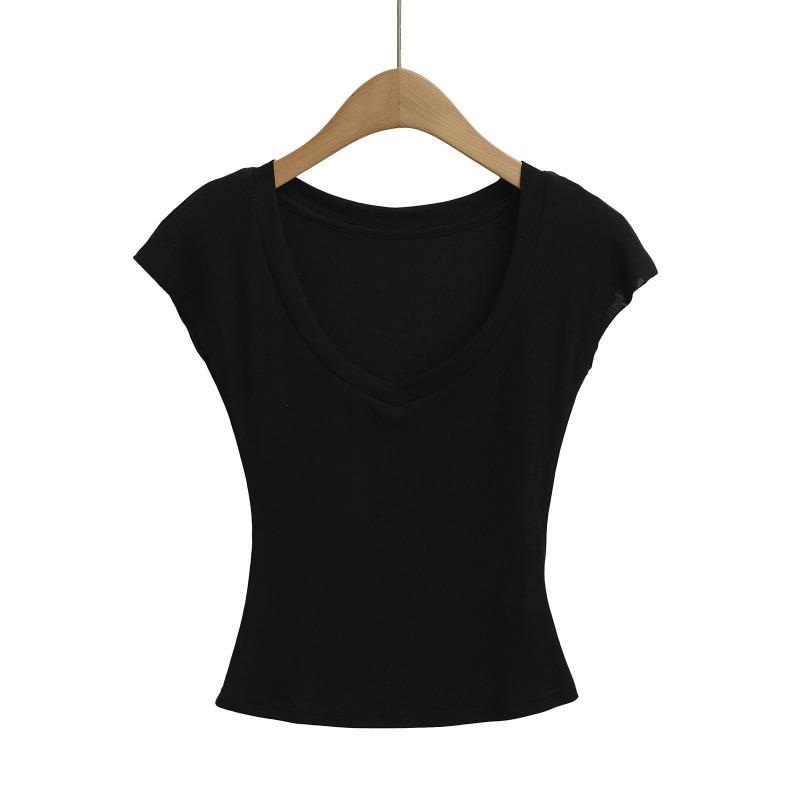 Summer new Spice Girl thin micro-transparent V-neck tencel short-sleeved top women's short slim-fitting waist T-shirt bottoming shirt