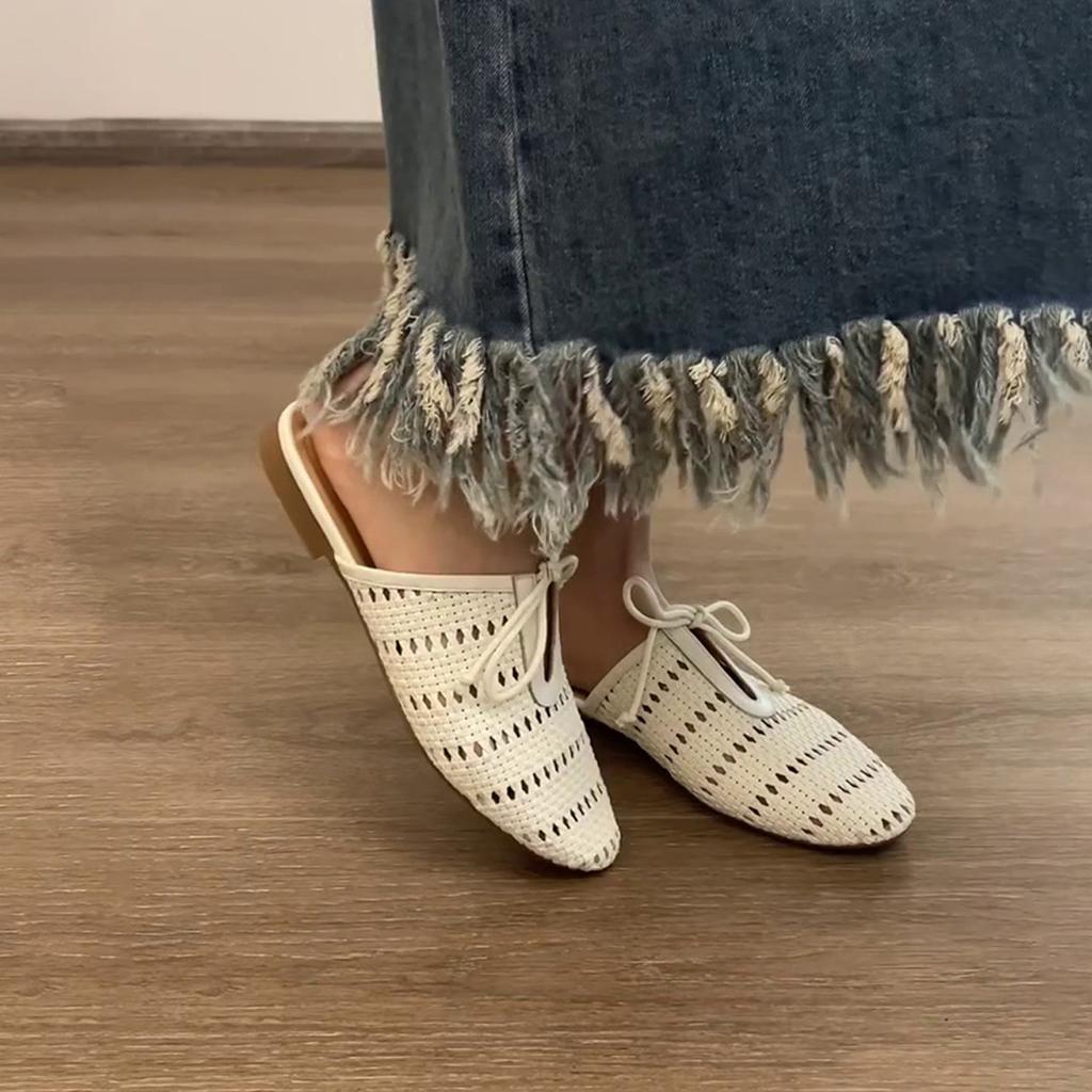 Sheepskin Version Design Sense Woven Hollow Breathable Bag Head Half Slippers Women's Wear Bow Casual Flat Bottom Sandals