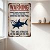 Vintage Weathered Metal Warning Sign, Sharks Spotted (Typos) with Shark Graphic, Humorous 'Smell of Pee' Warning for Pool Decor,