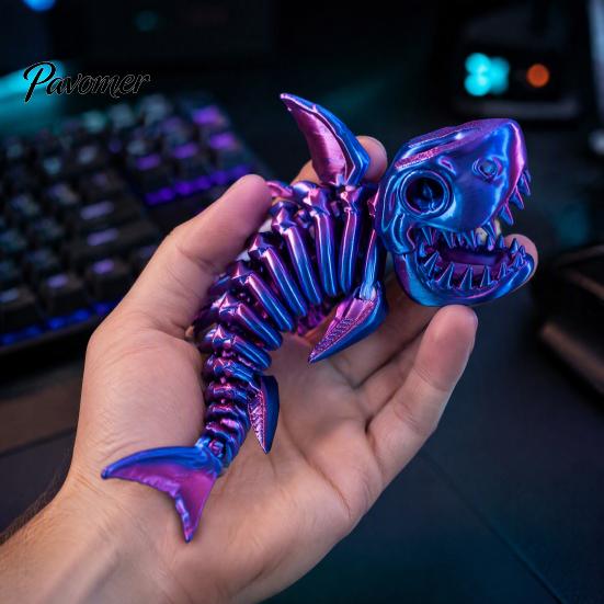 Cool Office Desk Decoration 3D Printed Articulated Skeleton Shark Figurine, Pearlescent Flexible Joint Movable Spine Toy Bone Toy, Fidget Decor, Gift