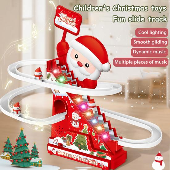 Vánoční hračka lezoucí po schodech se skluzavkou, s hudbou a světlem, pro batolata, chlapce a dívky, Santa Claus, horská dráha, hračka se závodní dráhou, s 3 malými sněhuláky
