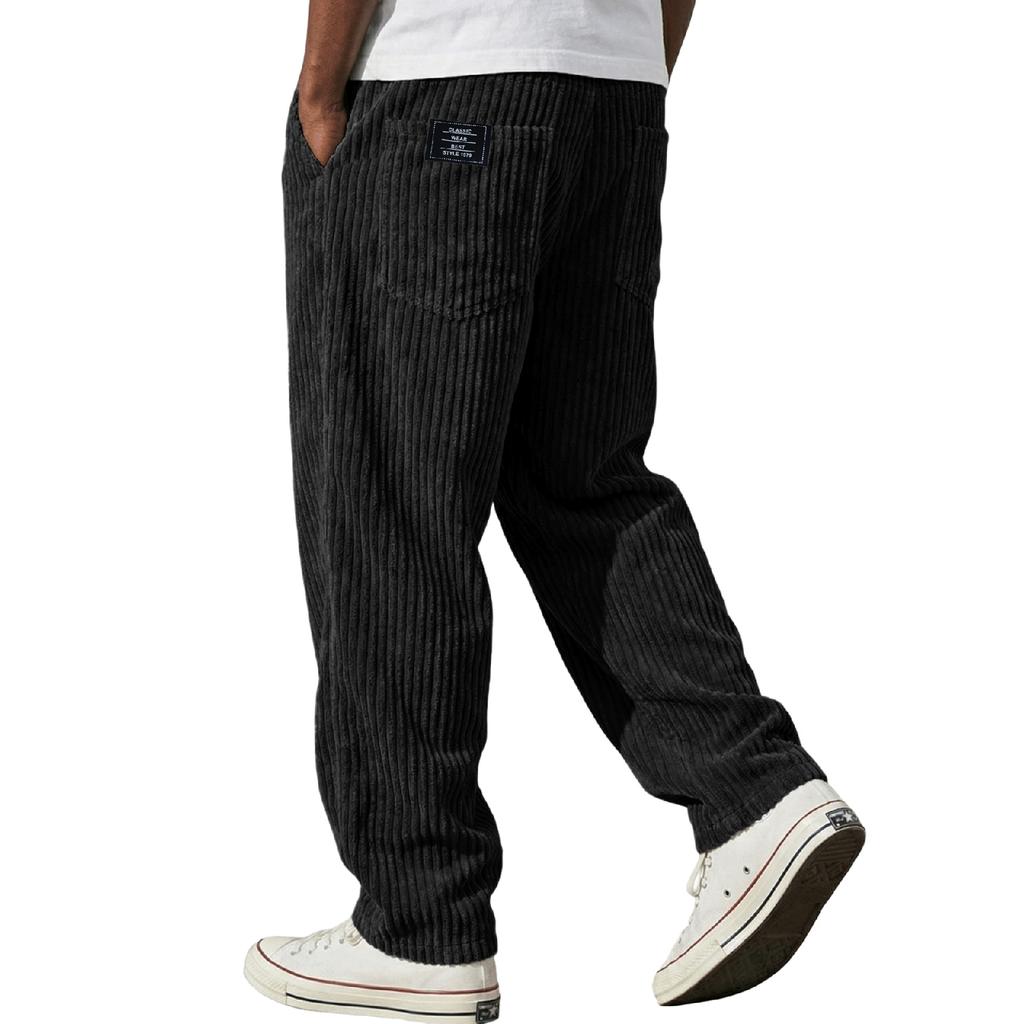 Men's Relaxed Fit Straight Leg Casual Pants with Vertical Stripe Pattern Back Patch Two Rear Pockets Elastic Waistband Durable Fabric Trousers