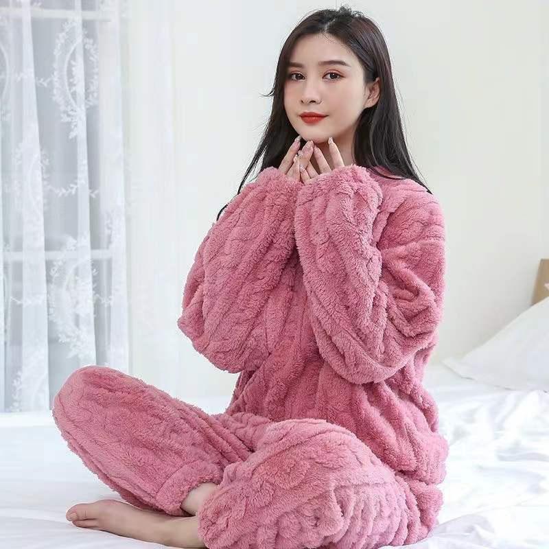 2024 Unisex Winter Jacquard Flannel Set - Thick Warm Home Wear for Couples