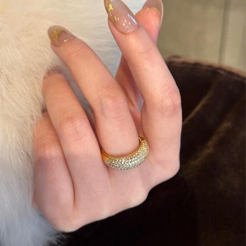 Retro Ancient Gold Full Diamond Row Diamond Ring Half Circle Gypsy Star Inlaid Light Luxury Simple High Sense Personalized Ring