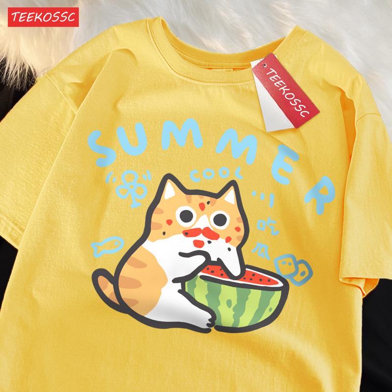 Eating Melons Oranges Cats Funny Catsprinted Mans T-Shirt Fitting Cool T Shirts Leisure Oversized Tee Shirt Pleasure Cotton Tops