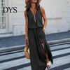 Lightweight Casual Dress Women's Summer Sleeveless Long Zipper Up Front V Comfortable Loose Style Neck Maxi with Pocket Pleated Split Midi Soft Fabric