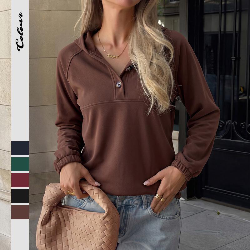 Yiyi 2025 Autumn/Winter Patchwork Hoodie - Casual Buttoned Pullover Sweatshirt