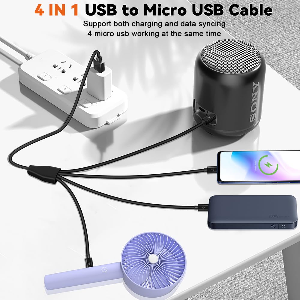 Herfair Micro USB Splitter USB Charging USB Micro Wire Lead Type A Male To 4 Micro USB Male Adapter Cable for Data Cable, 4-in-1 Multi-Micro Cord,