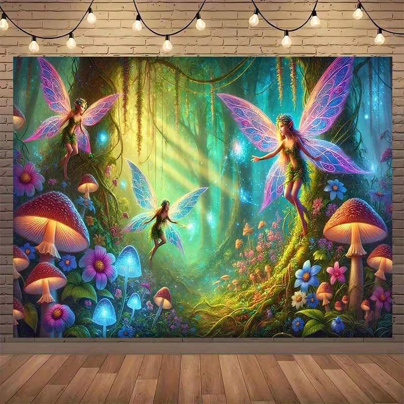 2D Magical Forest Fairies with Sparkling Lights Kids Birthday Party Backdrop