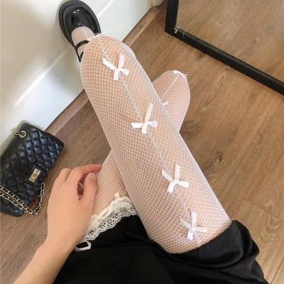 Kawaii Gothic Ausgeschnittene Strumpfhose Lolita Schleife Netzstrümpfe Damen Spicy Girl Schwarz Weiß Sexy Dünn Ins Tide Spitze Strumpfhose
