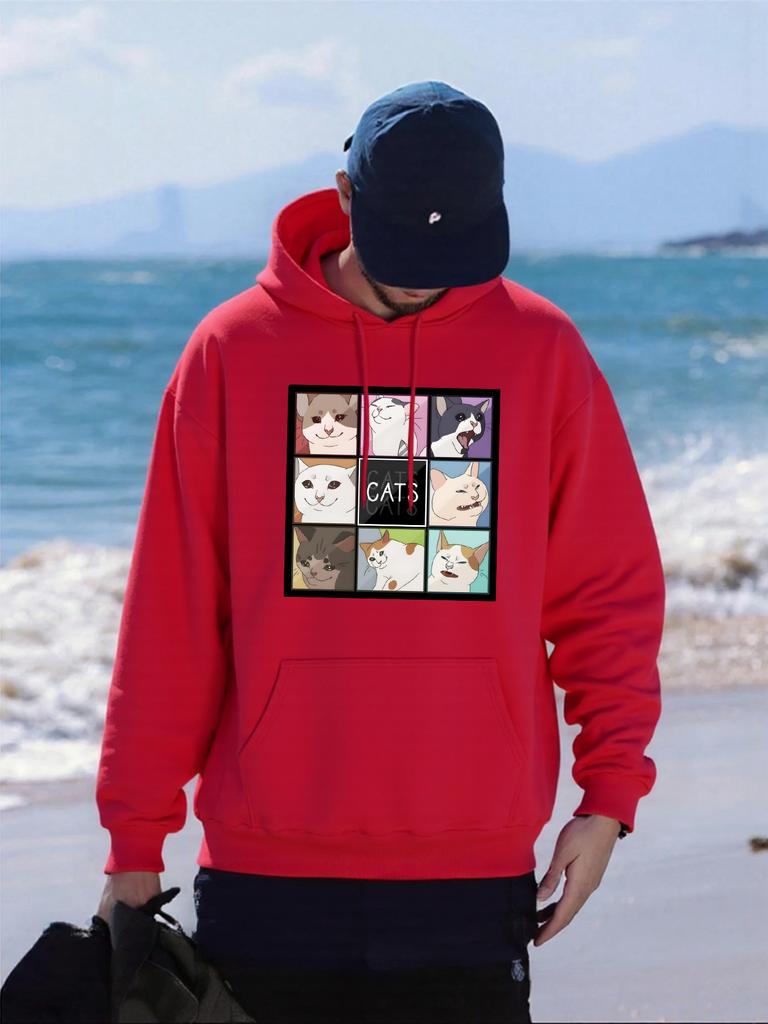 Cartoon Cat Nine Palace Grid Print Men Hoody Pocket Fleece Hoodie Autumn Multicolor Sportswear Oversized Hip Hop Male Pullover