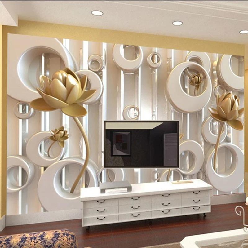 3d Mural Stereoscopic Golden Lotus Ring Cycle Modern Luxury Creative Wallpaper Tv Sofa Backdrop Wall Paper For Wall 3d
