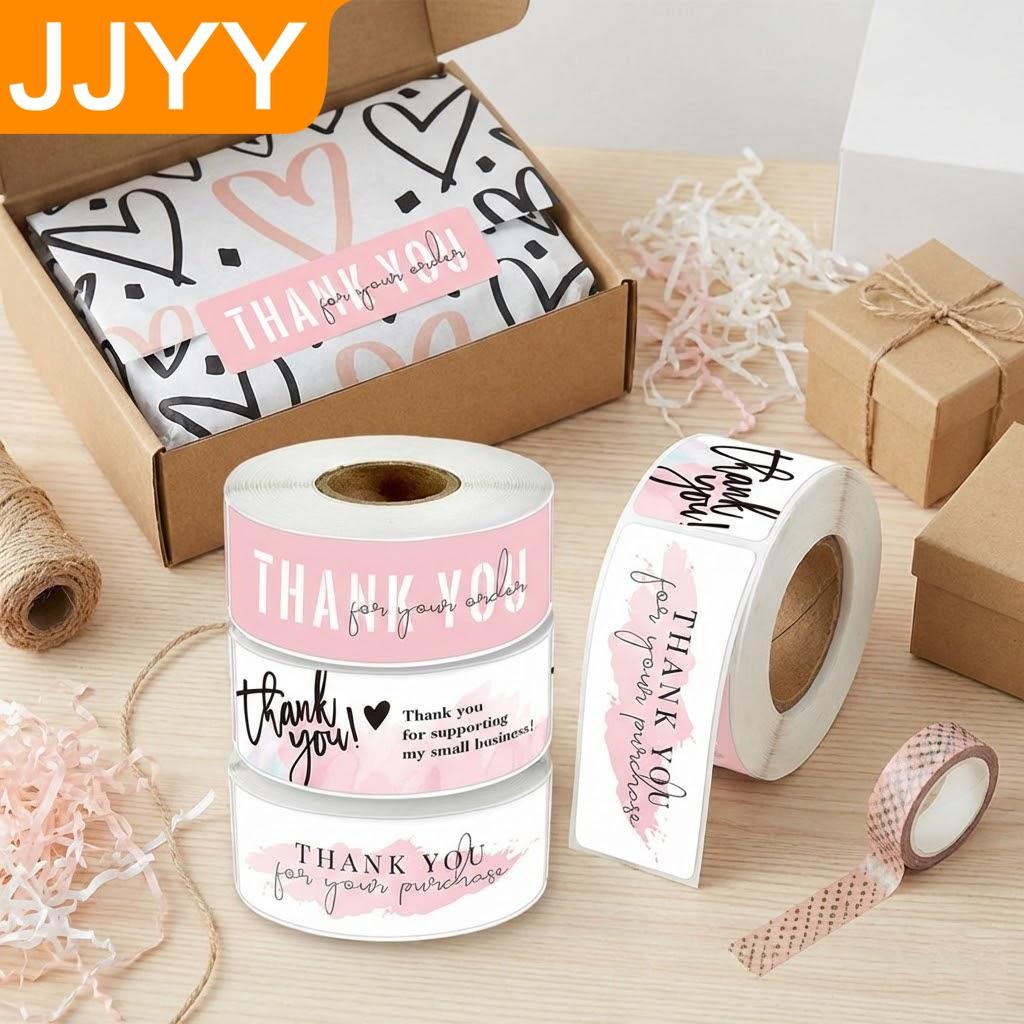 120PCS Roll Pink Floral Thank You Stickers Gift Box Sealing Labels Long Adhesive Decals Scrapbooking Decorative Paper