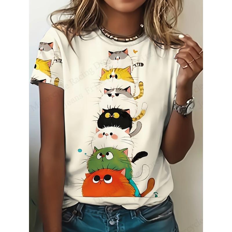Summer Round Neck 3D Cute Cat Print Top Fashionable Casual Short Sleeved Women's T-shirts