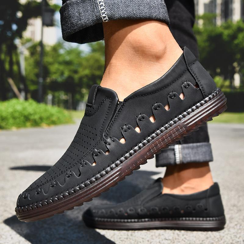 Men's Genuine Leather Casual Shoes Slip On Hollow Shoes Summer Large Size 39-48