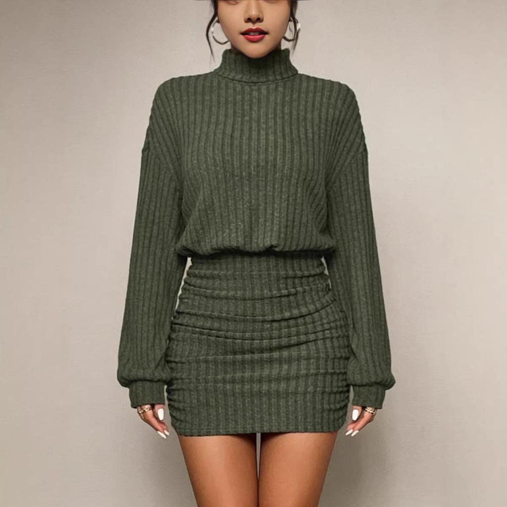 Women's Turtleneck Long Sleeve Ribbed Knit Bodycon Mini Dress Casual Sweater Dress