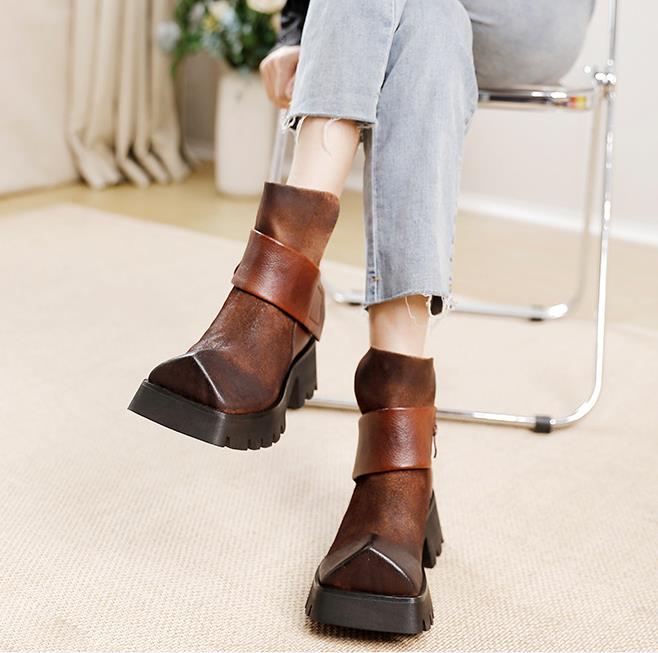Fashion 10.5CM Comfy Boots Woman Ethnic Platform Ankle Boot Spring Big Strange Toe Cow Genuine Leather Autumn Fashion Shoes Moccasins