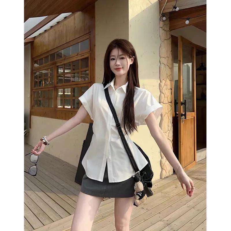 Women Black Waist Cinched Flutter Sleeve Button Down Shirt S белый