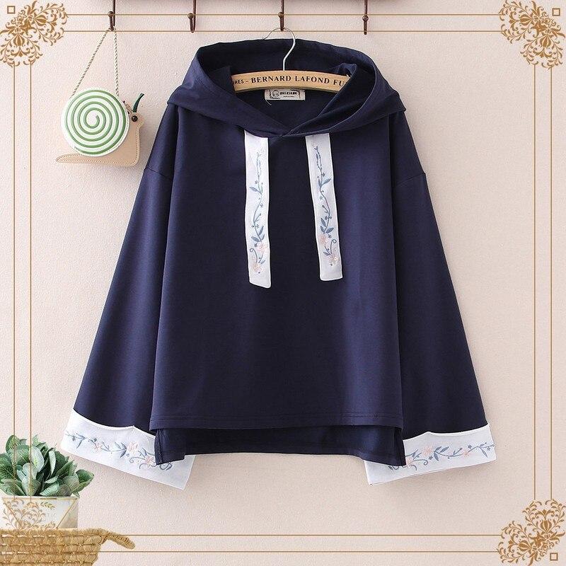 

Scione античная вышивка пуловер с капюшоном японская женская одежда толстовки с длинными рукавами толстовки One Size темно-синий